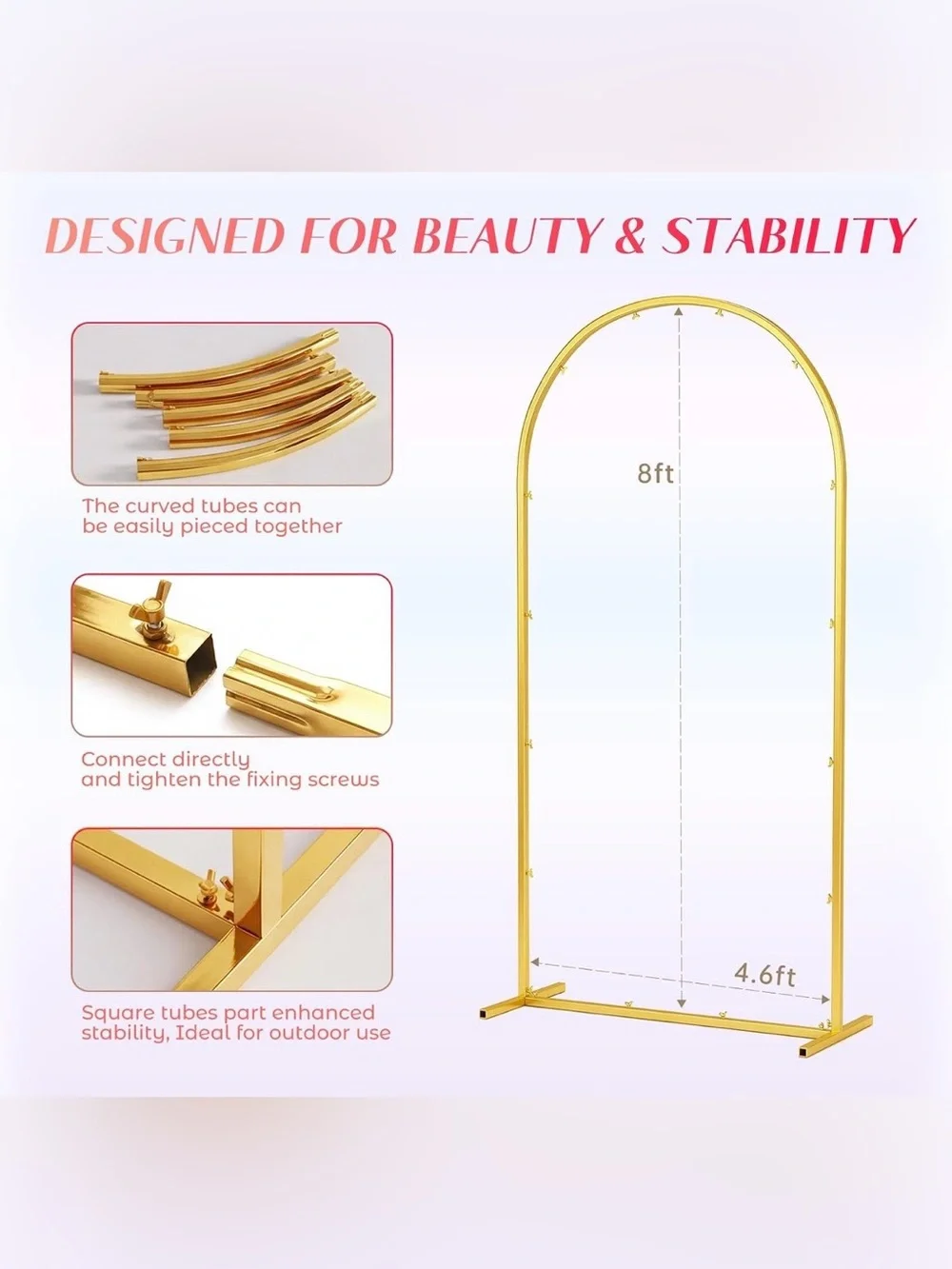 Toolterritary 8 FT Wedding Arch Backdrop Stand, Stable Heavy Duty Metal Wedding